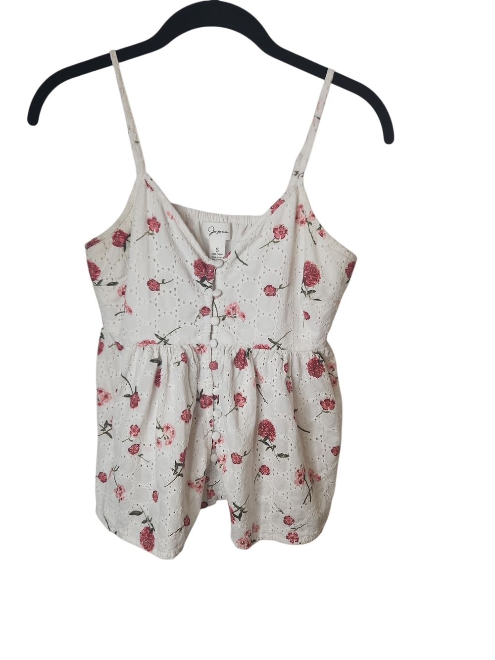 Jappa White Cotton Pink Floral Botanical Print Button Eyelet Cami Top Size S